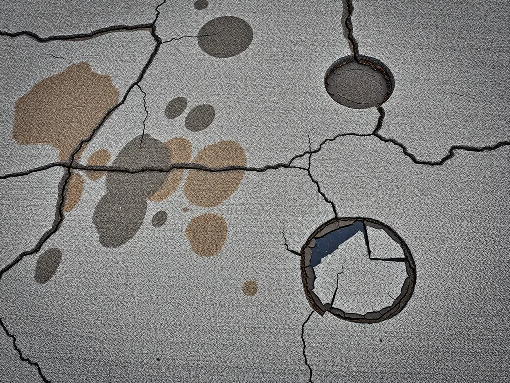 Cracked asphalt surface with gas stains highlighting the destructive effects of gas on asphalt.