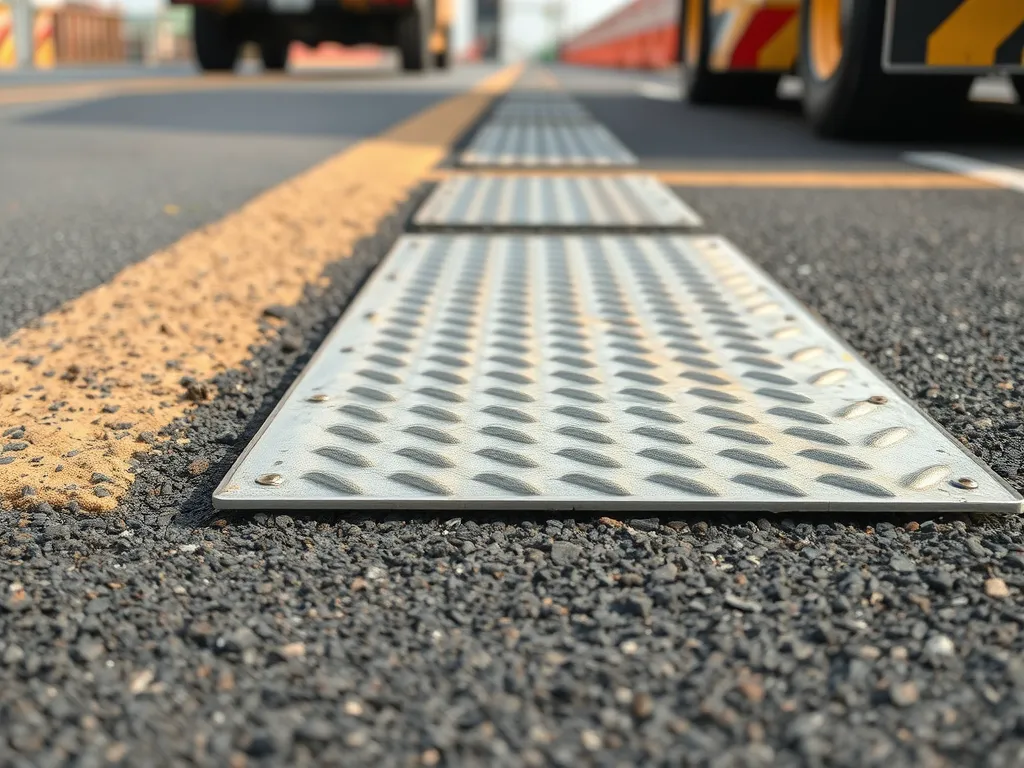 Metal grounding plates on asphalt road surface.