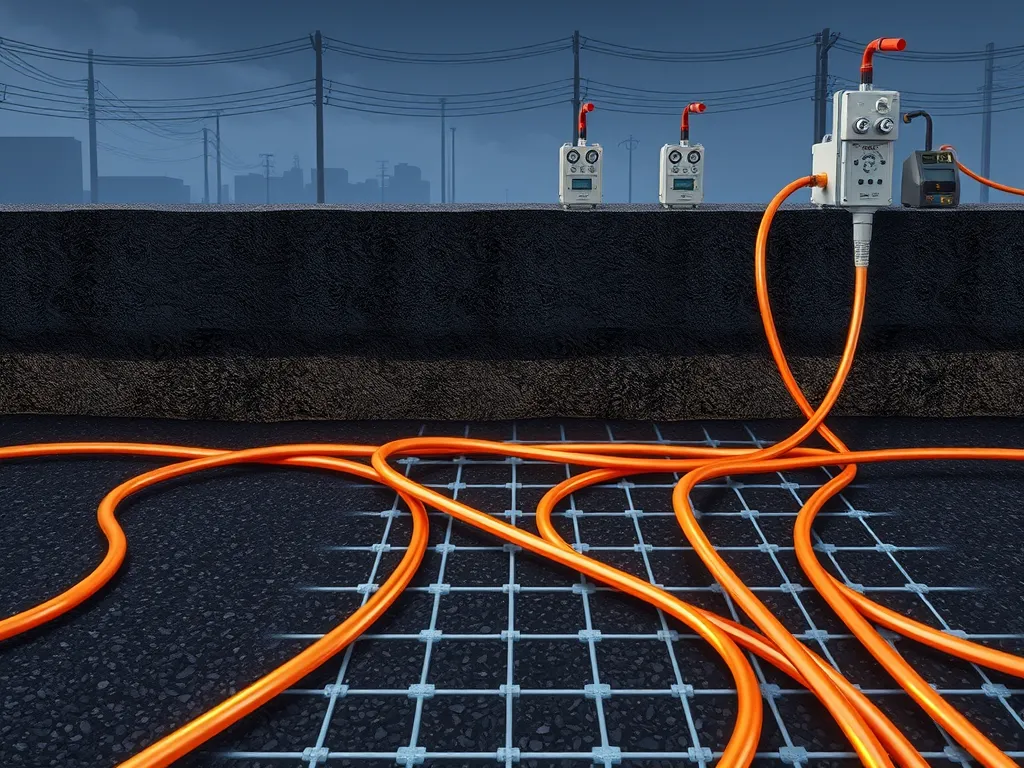 Electrical equipment and grounding cables on asphalt surface for grounding purposes