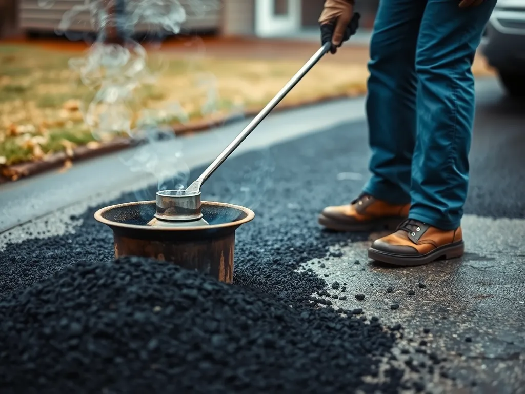 A worker heating cold patch asphalt with a torch on a driveway.
