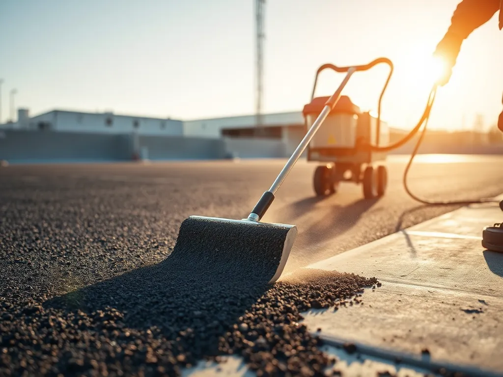 Worker using a roller to apply heated cold patch asphalt on a road surface.