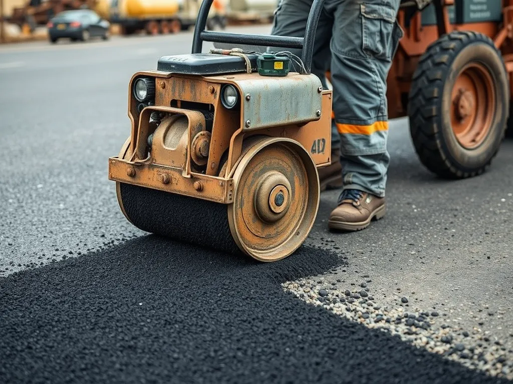 Worker using a roller on freshly applied cold patch asphalt for repair