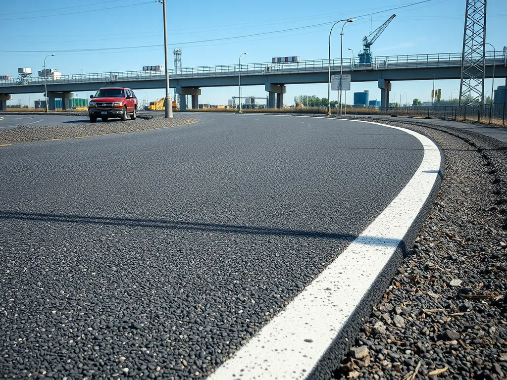 Close-up view of high-performance asphalt formulations on a curving road.