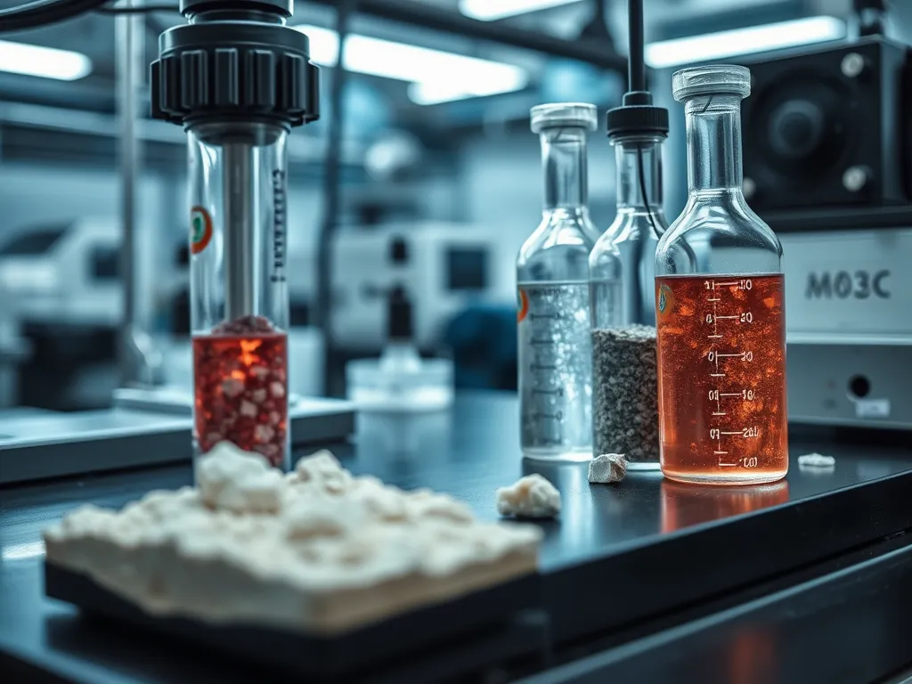 Laboratory setting showcasing various components used in high-performance asphalt formulations.