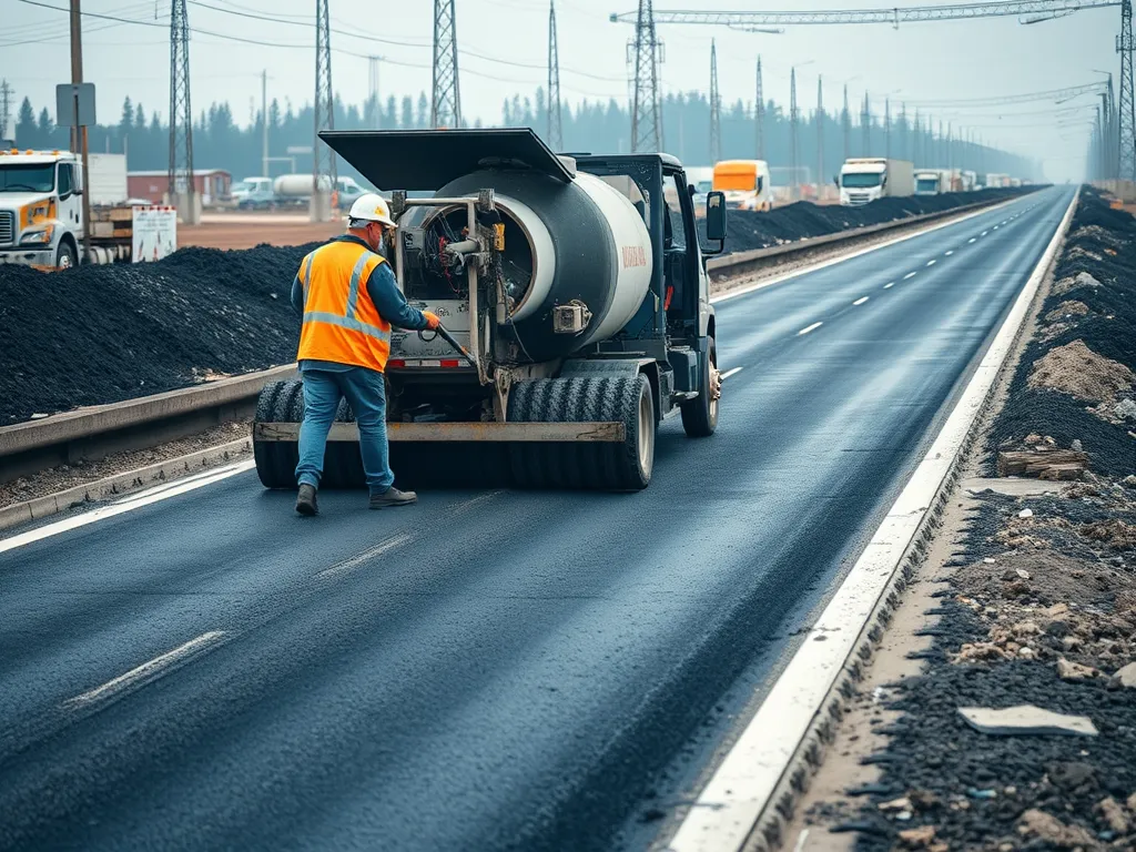 Construction worker applying hot mix asphalt on a road surface.