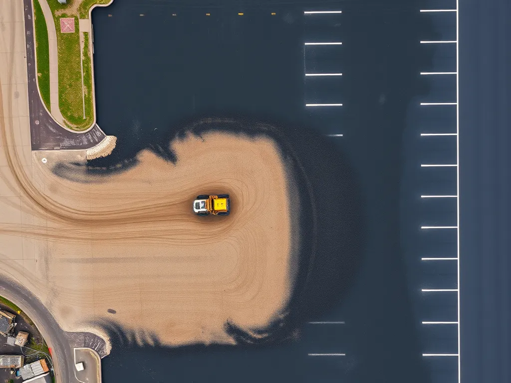 Aerial view of a truck applying hot mix asphalt on a parking lot.