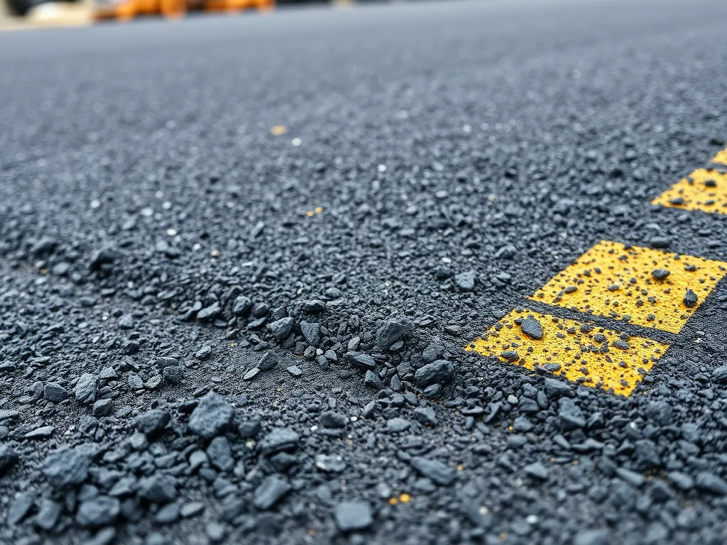 Close-up of hot mix asphalt showing surface texture and road markings