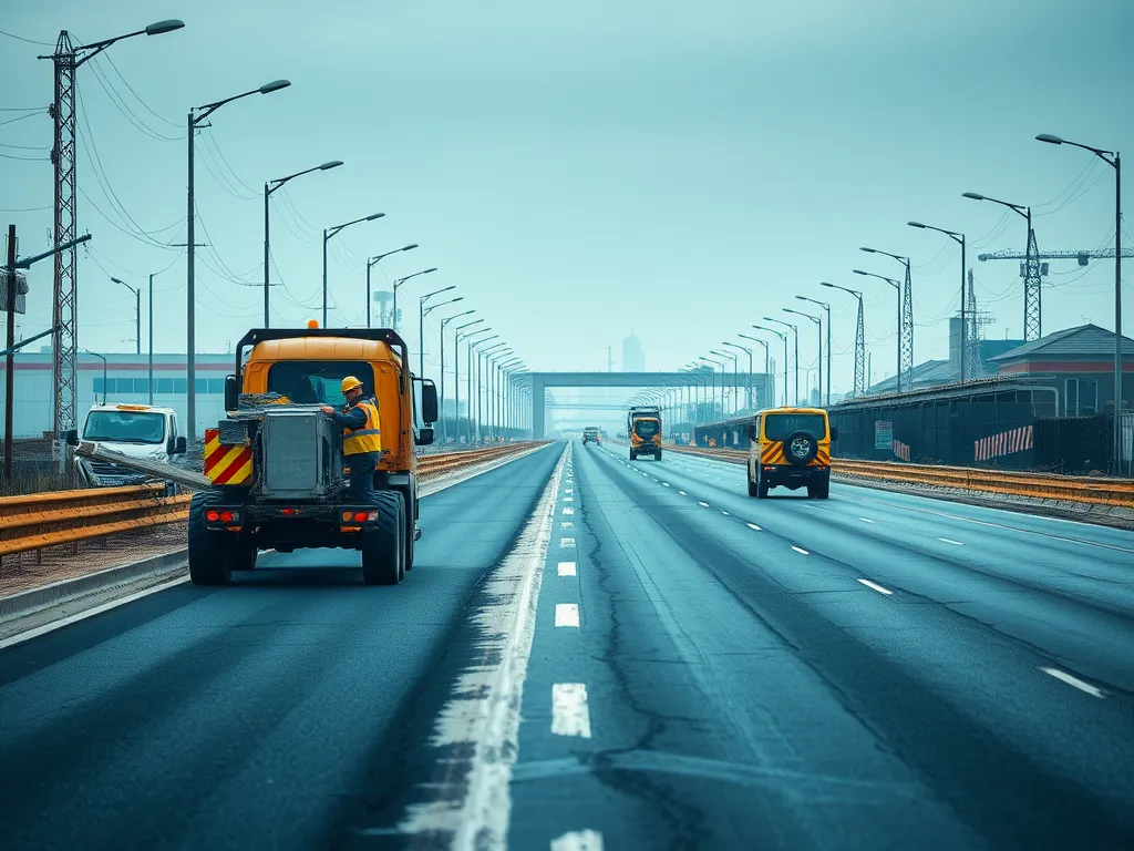 Trucks on a highway applying hot mix asphalt as part of construction schedules.