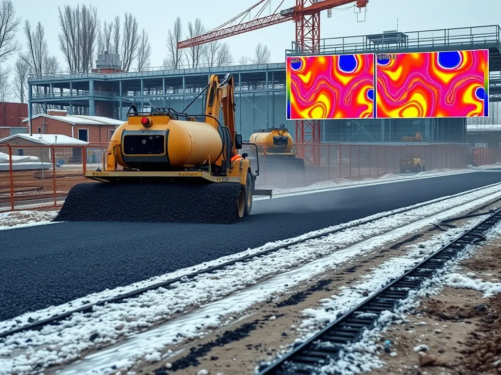 Construction site with hot mix asphalt being laid for paving.