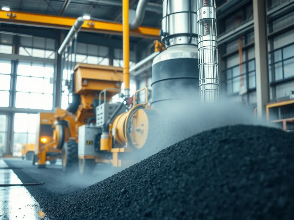 A hot mix asphalt manufacturing facility showing asphalt being processed, relevant for hot mix asphalt installation process.