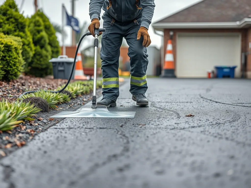 Worker applying hot mix asphalt maintenance techniques to a driveway.
