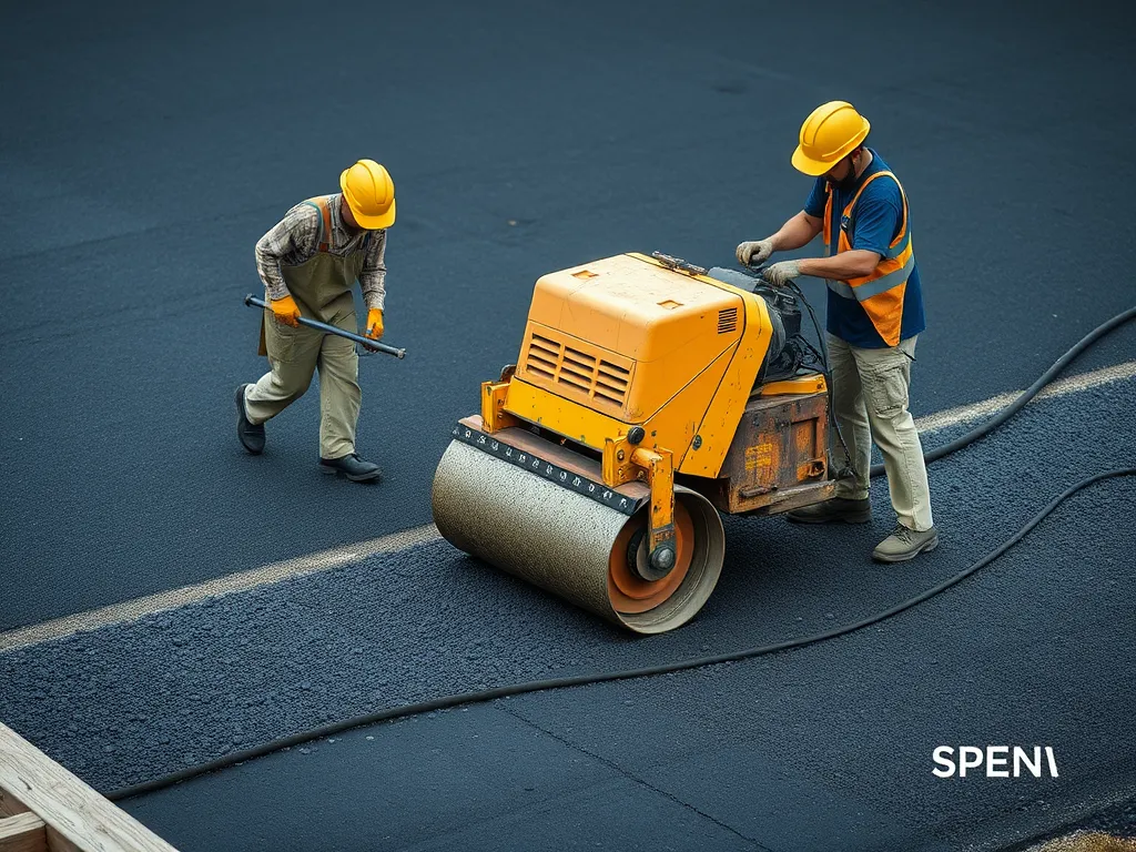 Workers performing hot mix asphalt maintenance using a roller and tools.