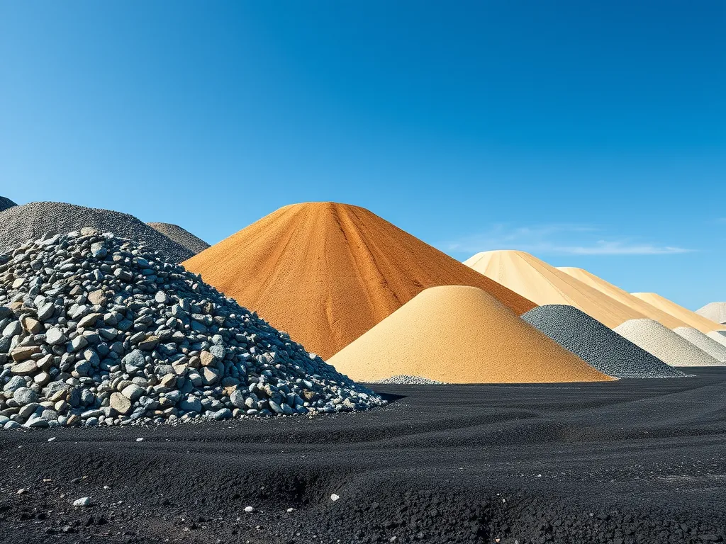 Piles of materials used in hot mix asphalt installation process.