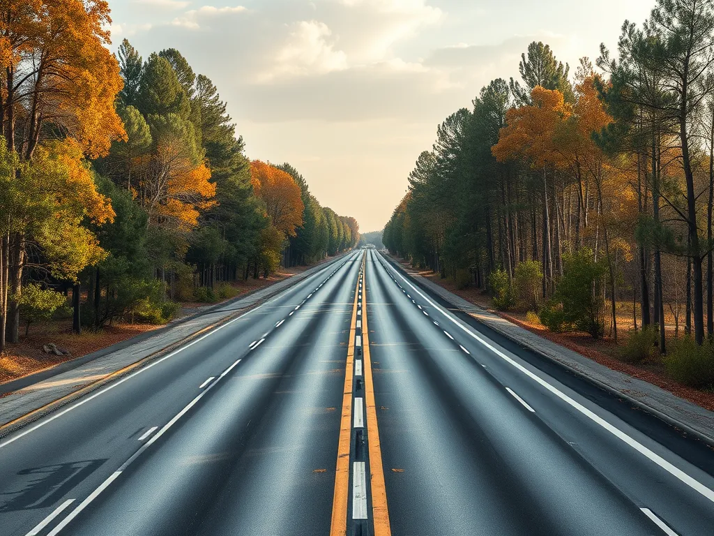 A quiet road with hot mix asphalt showing its noise reduction properties surrounded by trees.