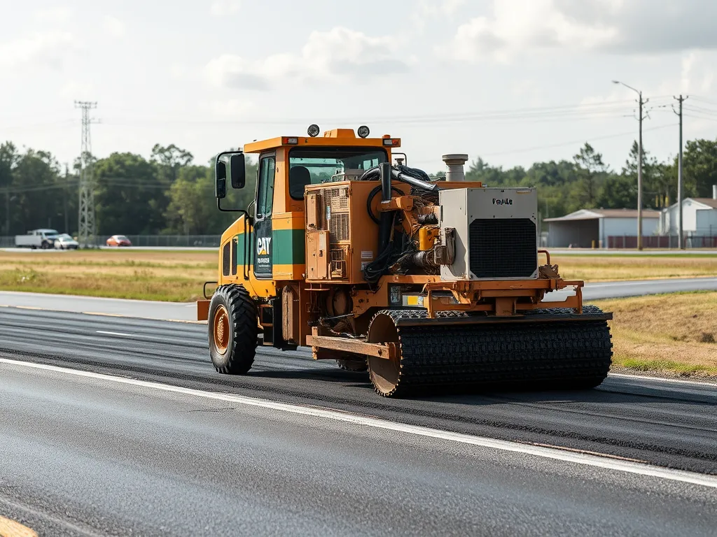 A heavy machinery paver laying down hot mix asphalt for road construction.