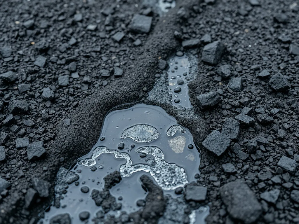 Close-up of hot mix asphalt showing surface water drainage and aggregate texture
