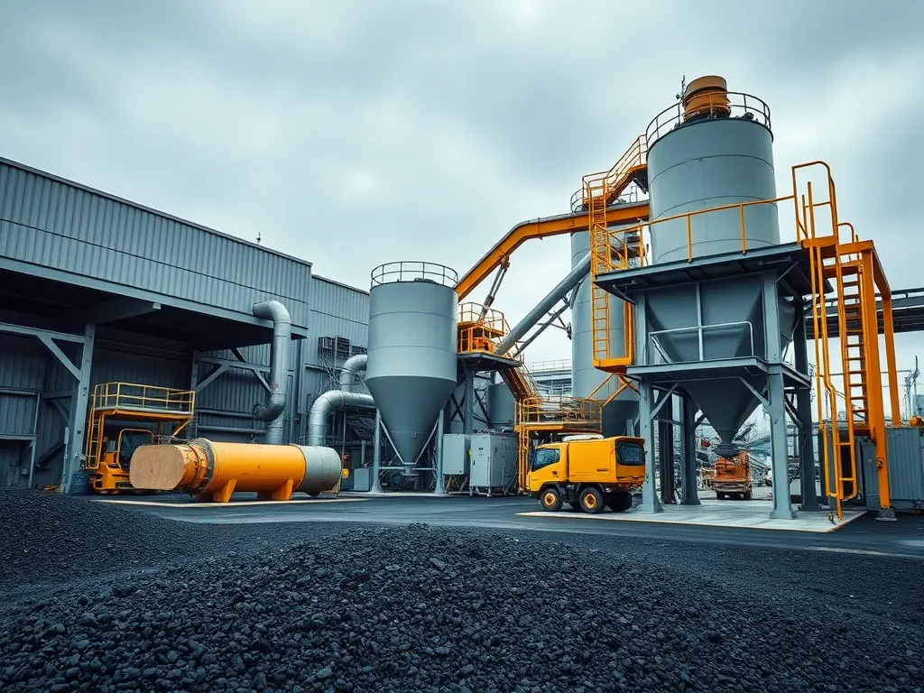 Hot mix asphalt plant with storage silos and production equipment for surface treatments