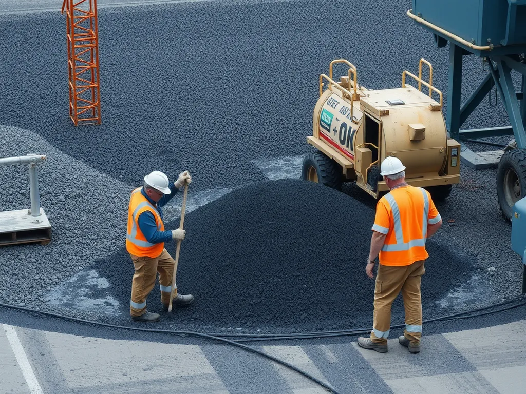 Workers conducting quality assurance on hot mix asphalt at a construction site.