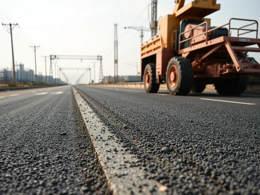 A machinery applying hot mix asphalt for surface treatment on a road.