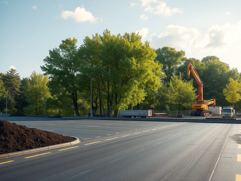Construction site with freshly laid hot mix asphalt, showcasing ideal temperature conditions for application.