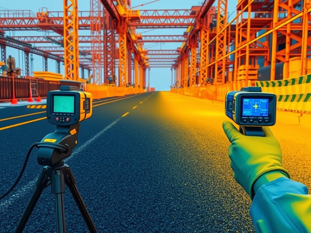 Infrared thermometers measuring hot mix asphalt temperature on a construction site