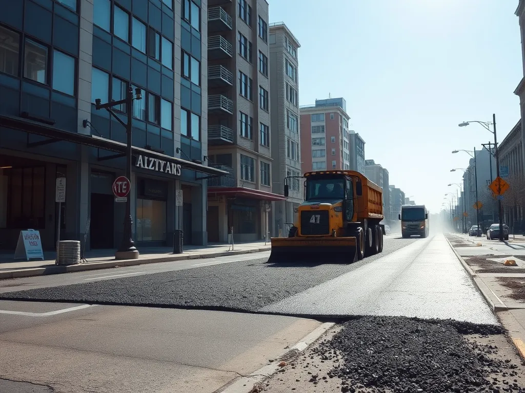 A construction vehicle laying hot mix asphalt on an urban street to enhance infrastructure.