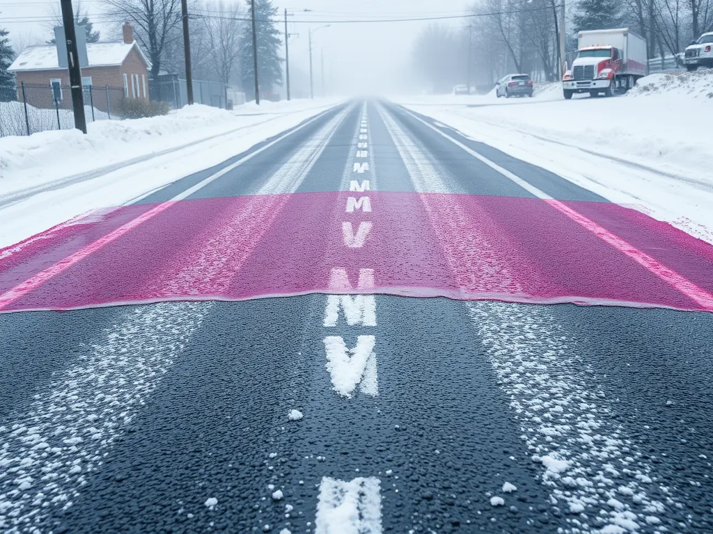 A snowy road showing the effects of ice melt on asphalt, relevant to how ice melt can damage roads.