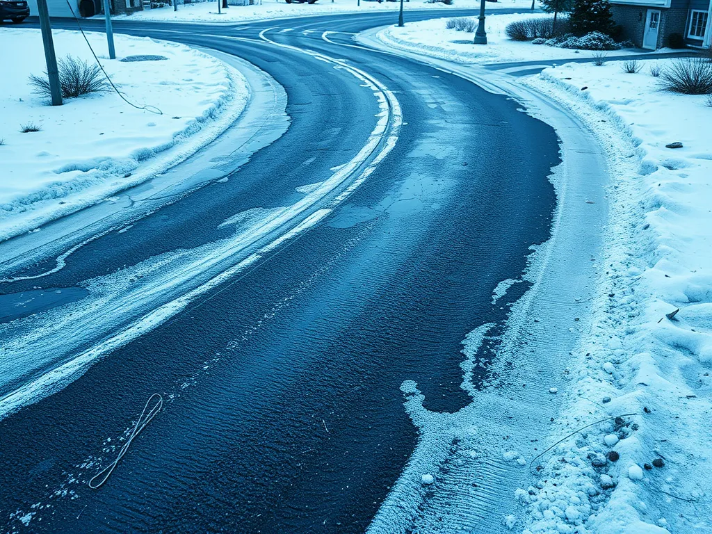 Effects of ice melt on asphalt surfaces, showing potential damage.