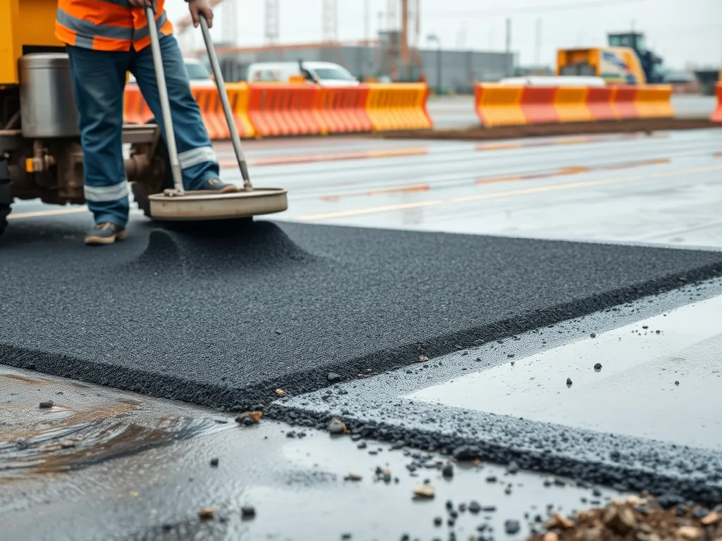 Worker laying asphalt on wet ground, demonstrating challenges of asphalt installation in wet conditions.