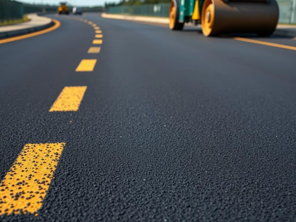 Close-up view of new asphalt pavement being laid with maintenance costs representation