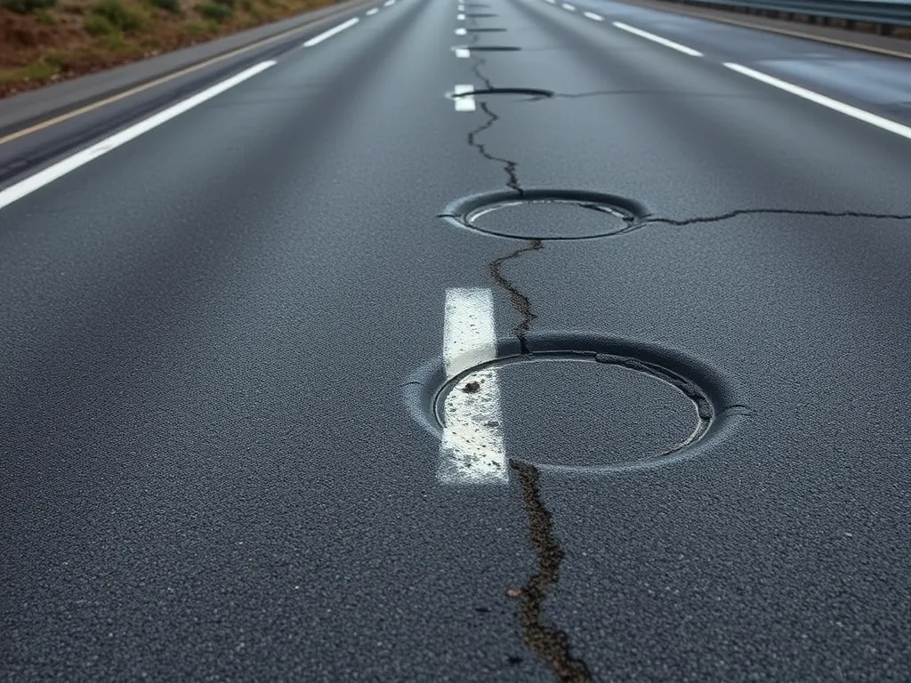 Damaged hot mix asphalt road showing cracks and potholes