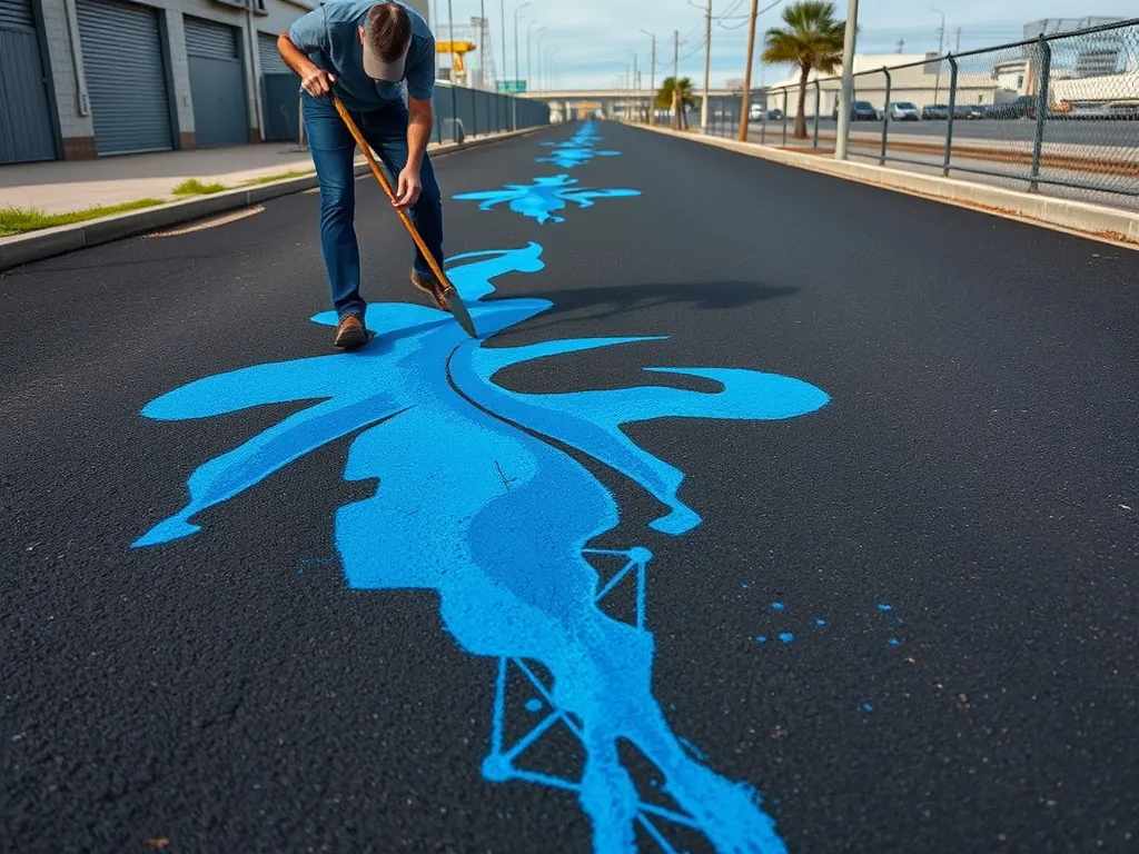Person painting blue design on asphalt road surface