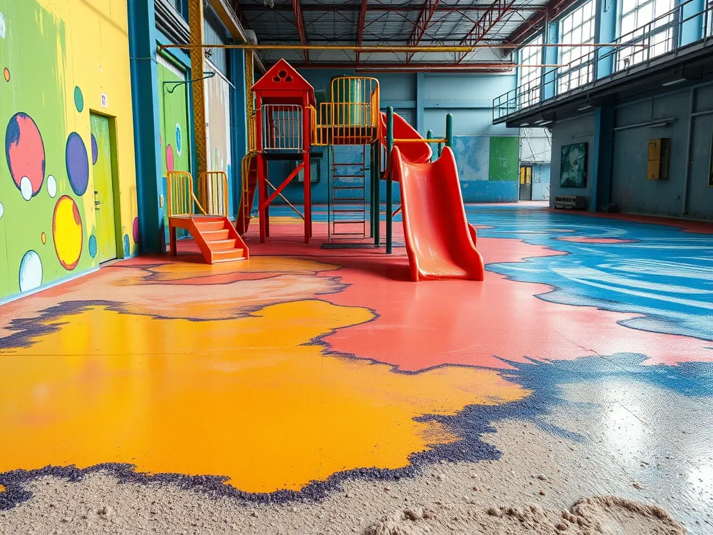 Colorful painted asphalt surface in a playground featuring slides and climbing structures