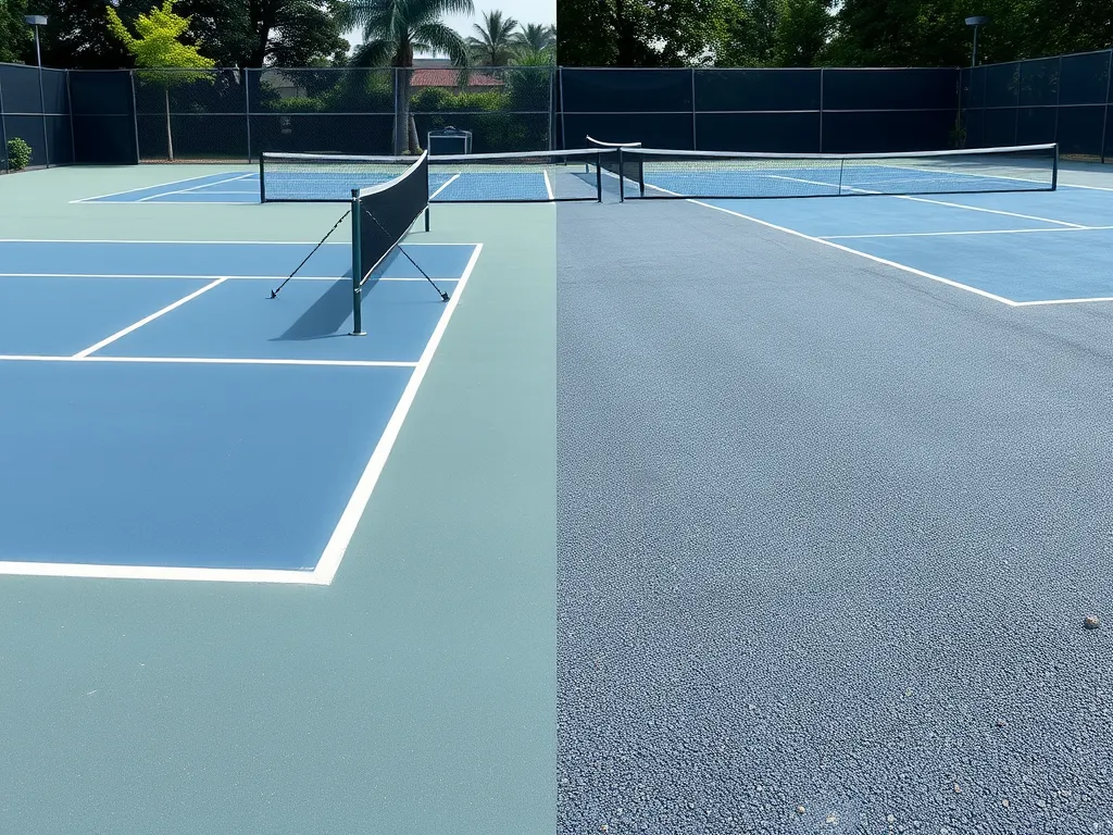 Pickleball courts showing different surfaces, including asphalt, applicable for playing pickleball.