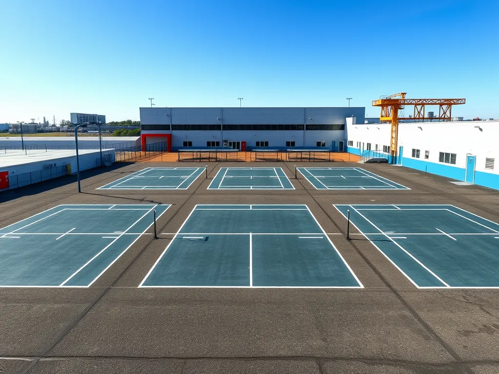 Wide view of asphalt pickleball courts, showcasing multiple playing areas for the sport.