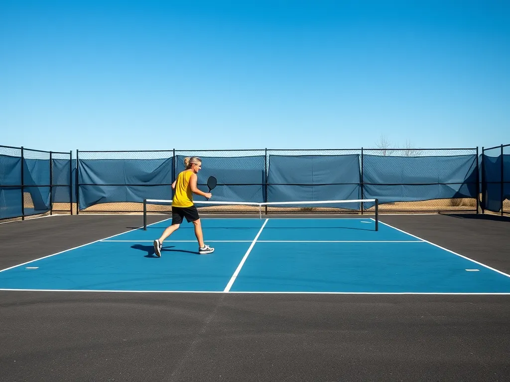 Person playing pickleball on an asphalt court under a clear blue sky