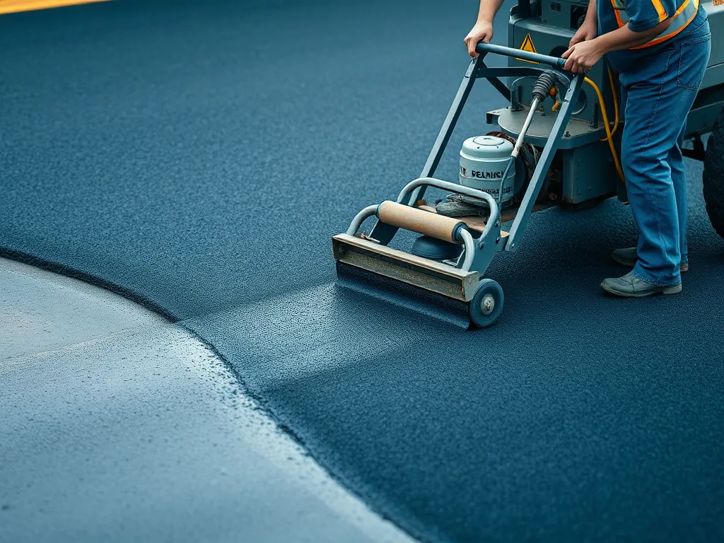 Worker applying sealant to freshly prepared asphalt surface for sealcoating.