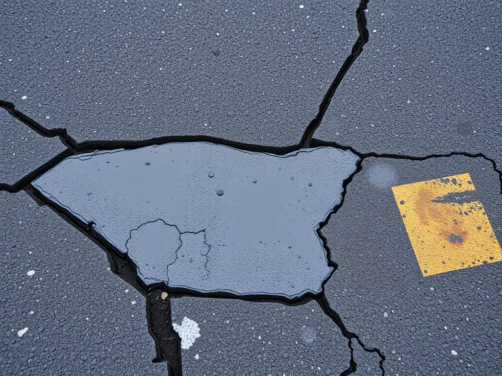 Close-up of damaged asphalt with cracks and water pooling, relevant to pressure washing asphalt.