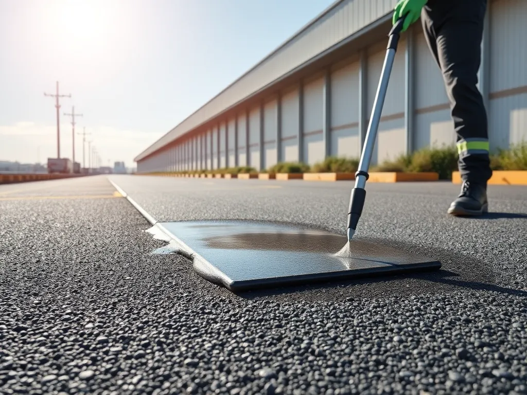 A person pressure washing an asphalt surface to remove dirt and debris.
