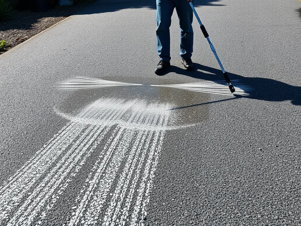 A person pressure washing asphalt surface showing clean streaks.