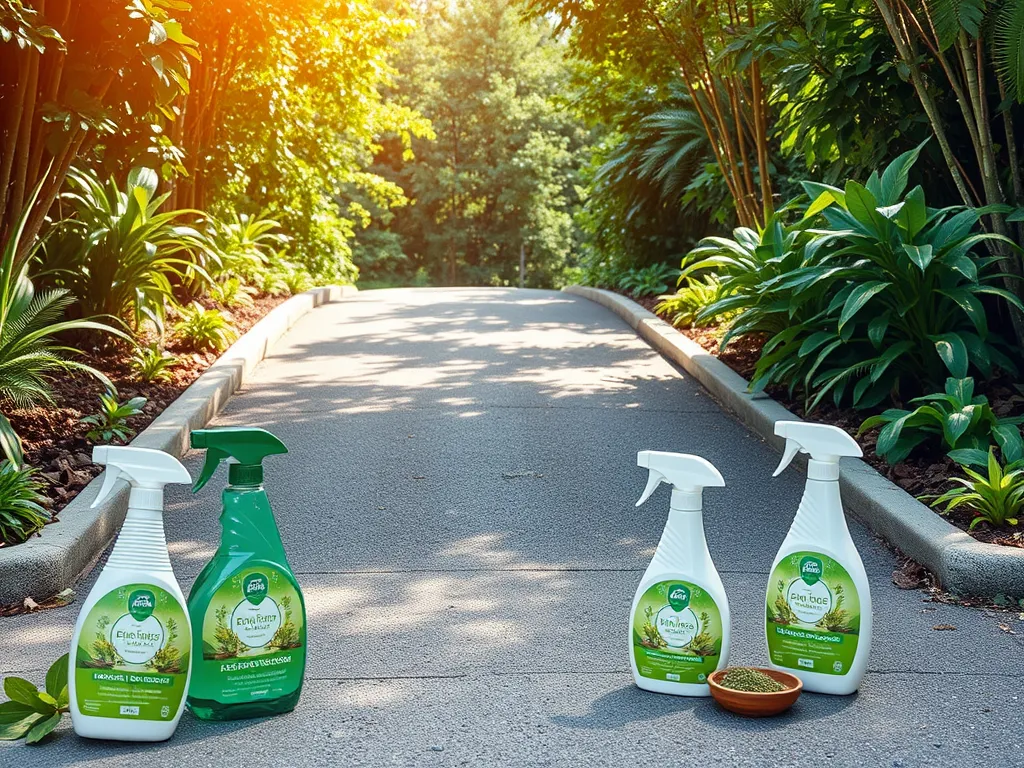Pressure washing products displayed on asphalt surface surrounded by greenery.
