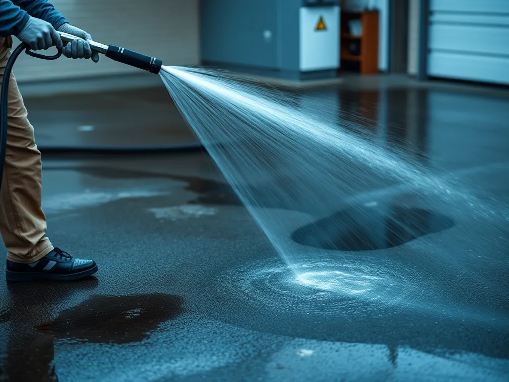 Person using a pressure washer to clean oil stains off asphalt surface