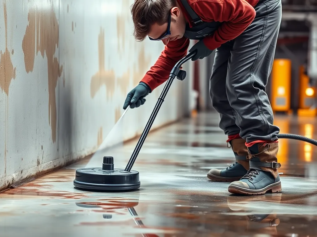 Person using a pressure washer to remove oil stains from asphalt surface