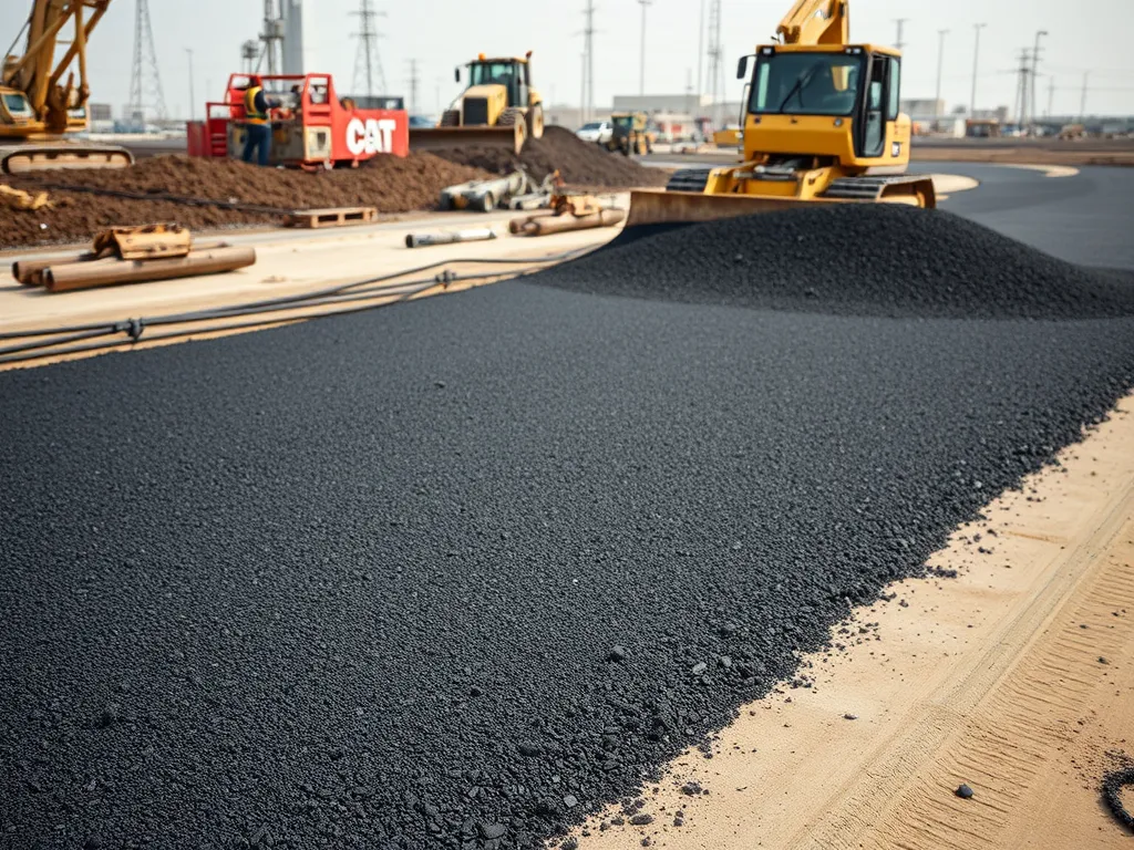 A construction site where asphalt is being laid, illustrating the process of reusing asphalt materials.