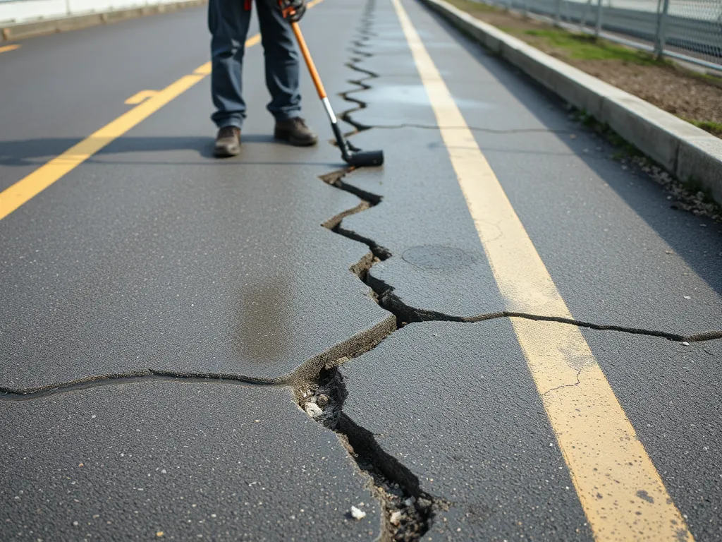 Cracked asphalt road caused by rock salt damage.