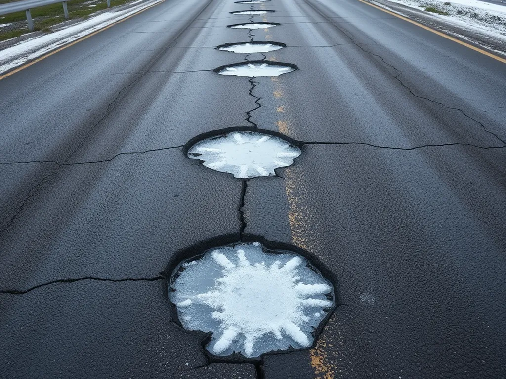 Photo showing asphalt damage from rock salt, with cracks and potholes.