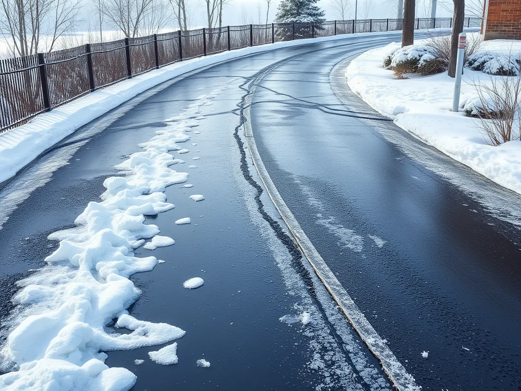 A snow-covered asphalt road showing the effects of rock salt, relevant to how rock salt damages asphalt surfaces.