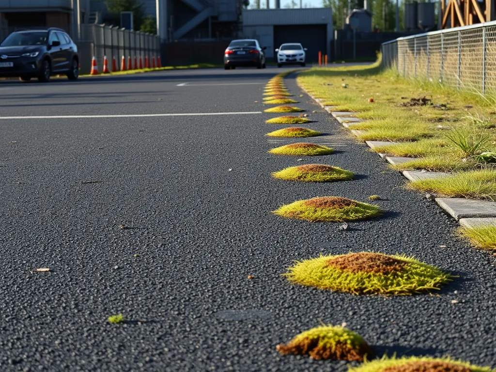 Close-up view of asphalt with patches of grass beside a roadway, discussing roller skating suitability.