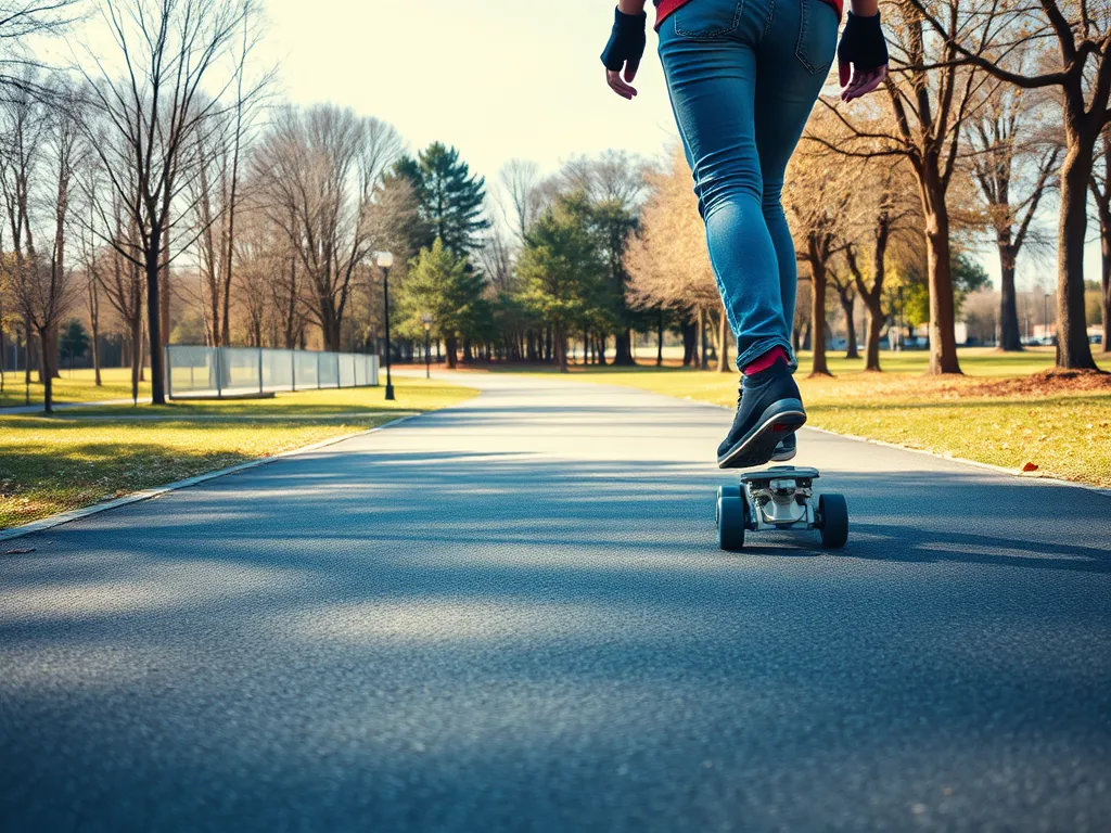 Person roller skating on smooth asphalt path in a park, demonstrating roller skating on asphalt