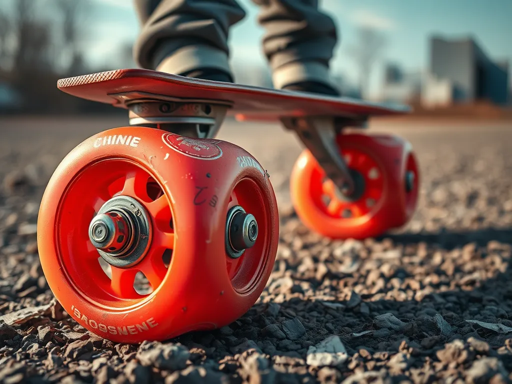 Close-up of roller skate wheels on an asphalt surface, illustrating roller skating conditions